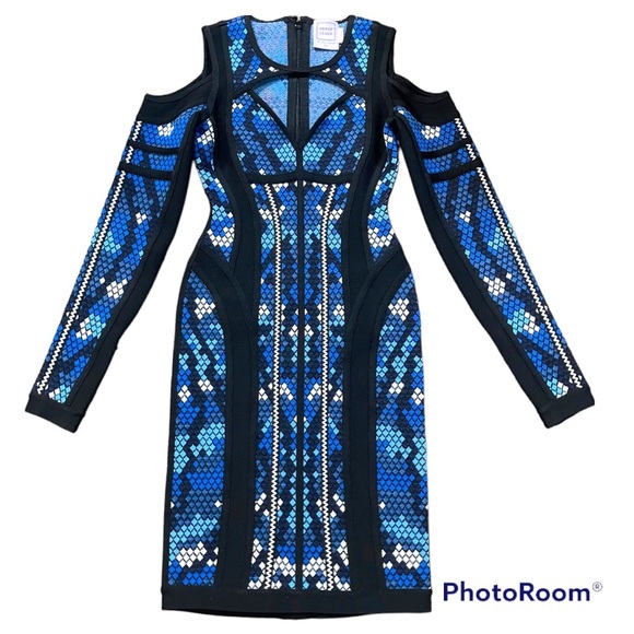 RARE HERVE LEGER BLACK/BLUE ICONIC DRESS NEW - Picture 1 of 7